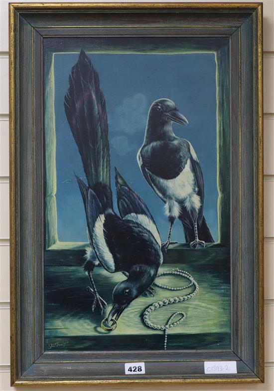 Stuart Maxwell Armfield (1916-1999) oil on board, The Thieving Magpies, signed, 50 x 30cm